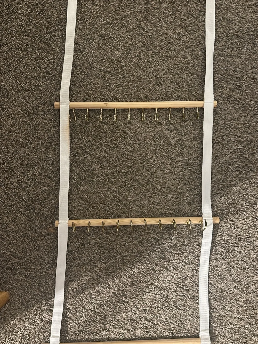 Wood and White Strap Hanging Organizer with Gold Hooks - bow Storage